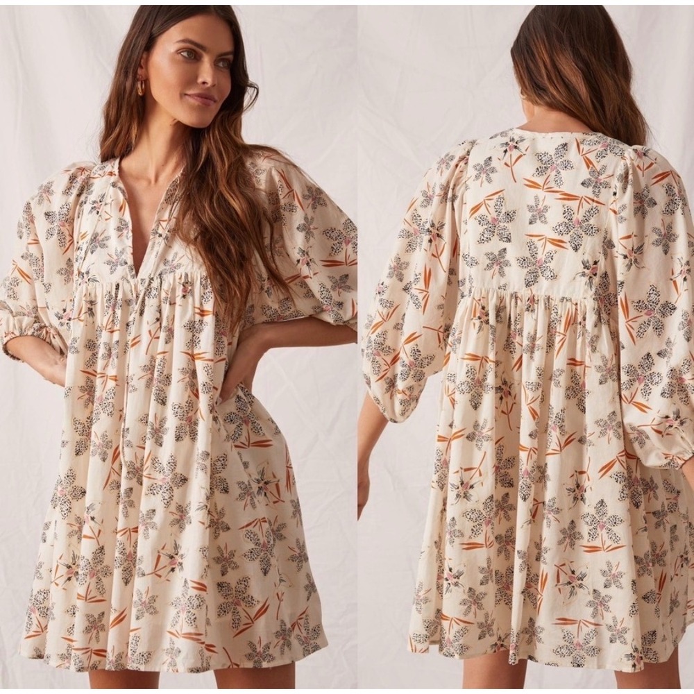 Caballero Floral Mini Dress Women L‎ Cream Cotton Boho Puff Sleeve Tie Orchid